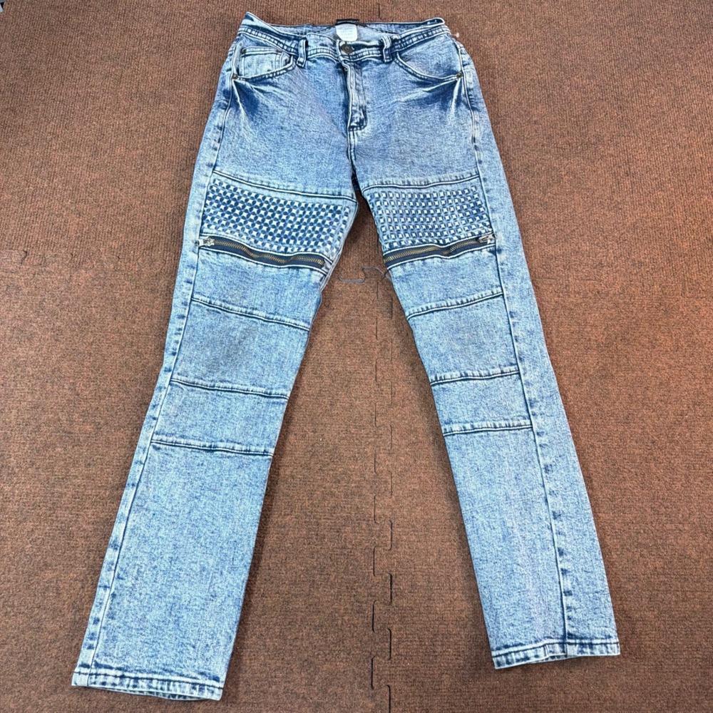 GS-115 Boys Moto Biker Jeans Light Acid Wash Blue Size 14 Quilted Zip 8FWJ-61C